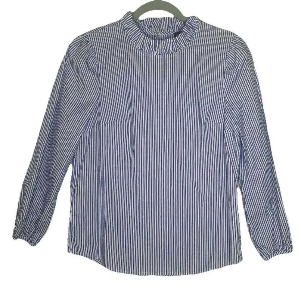 J. Crew Ruffle Neck Stripe Top in Blue and White Organic Cotton XS